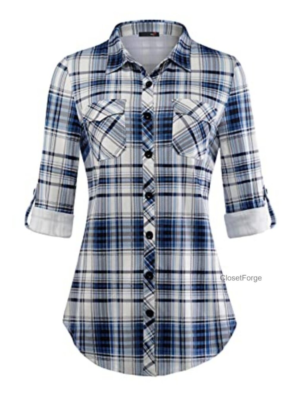 Soft Stretchy Knit Plaid Button Down Shirt Long Sleeve Collared Top
